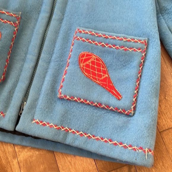 Vintage James Bay Fur Trim Hood Dog Sled Theme Wool Coat Blue Parks - Picture 3 of 14